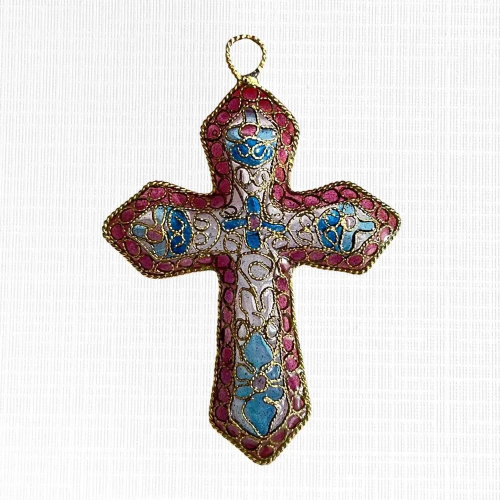 Cloisonne Cross Ornament Filigree Translucent Stained Glass Effect Enamel Floral